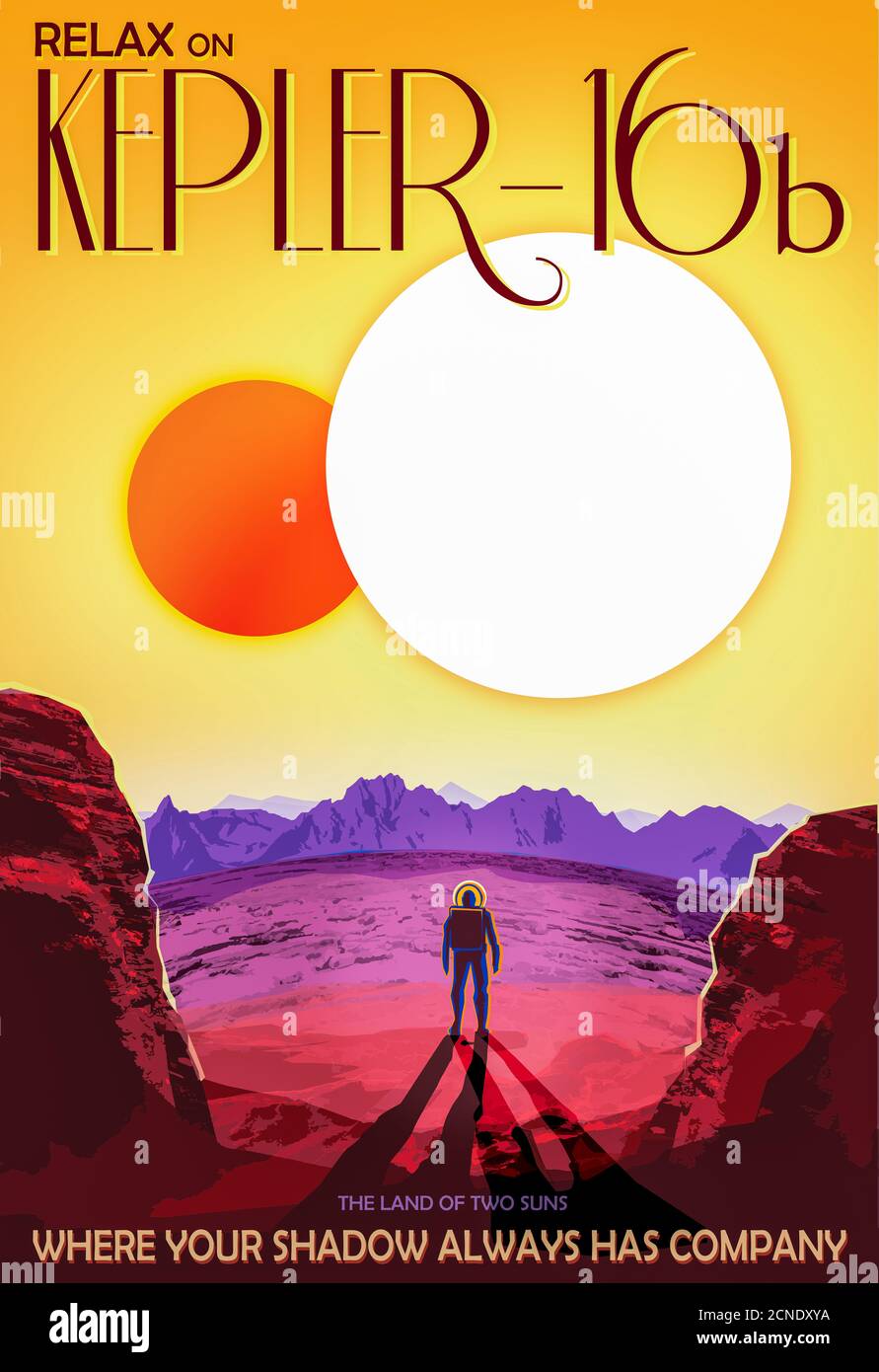 Kepler-16b: Visions of the Future space travel posters created by NASA,s Jet Propulsion Laboratory. Stock Photo
