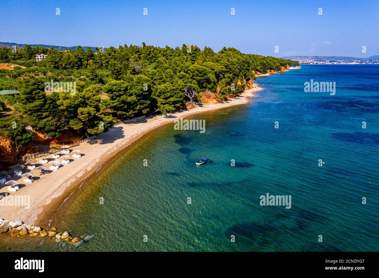 Aerial by drone of Metamorfosi Beach, Sithonia, Chalkidiki, Greece, Europe Stock Photo
