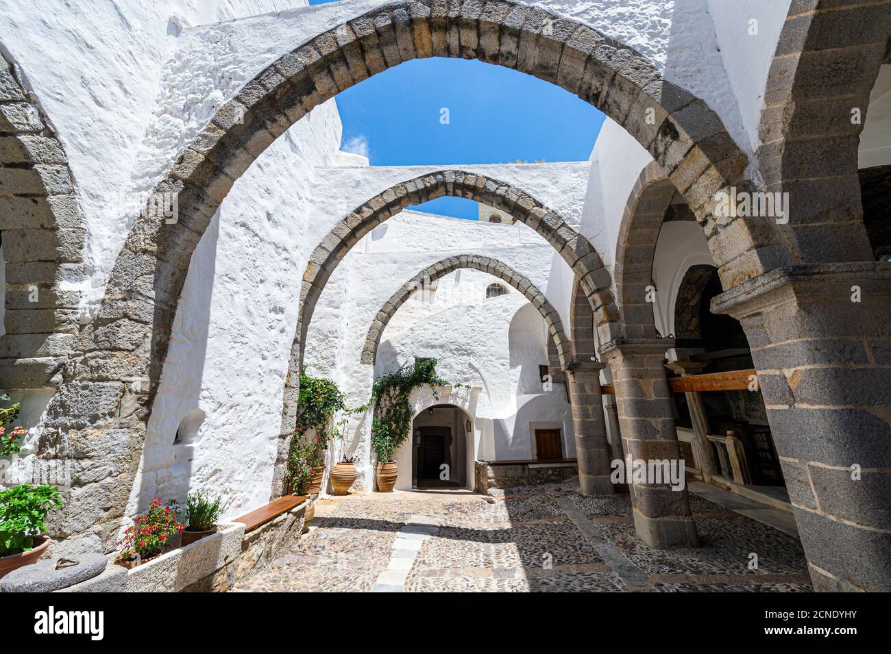 Monastery of Saint John the Theologian, UNESCO World Heritage Site, Chora, Patmos, Dodecanese, Greek Islands, Greece, Europe Stock Photo