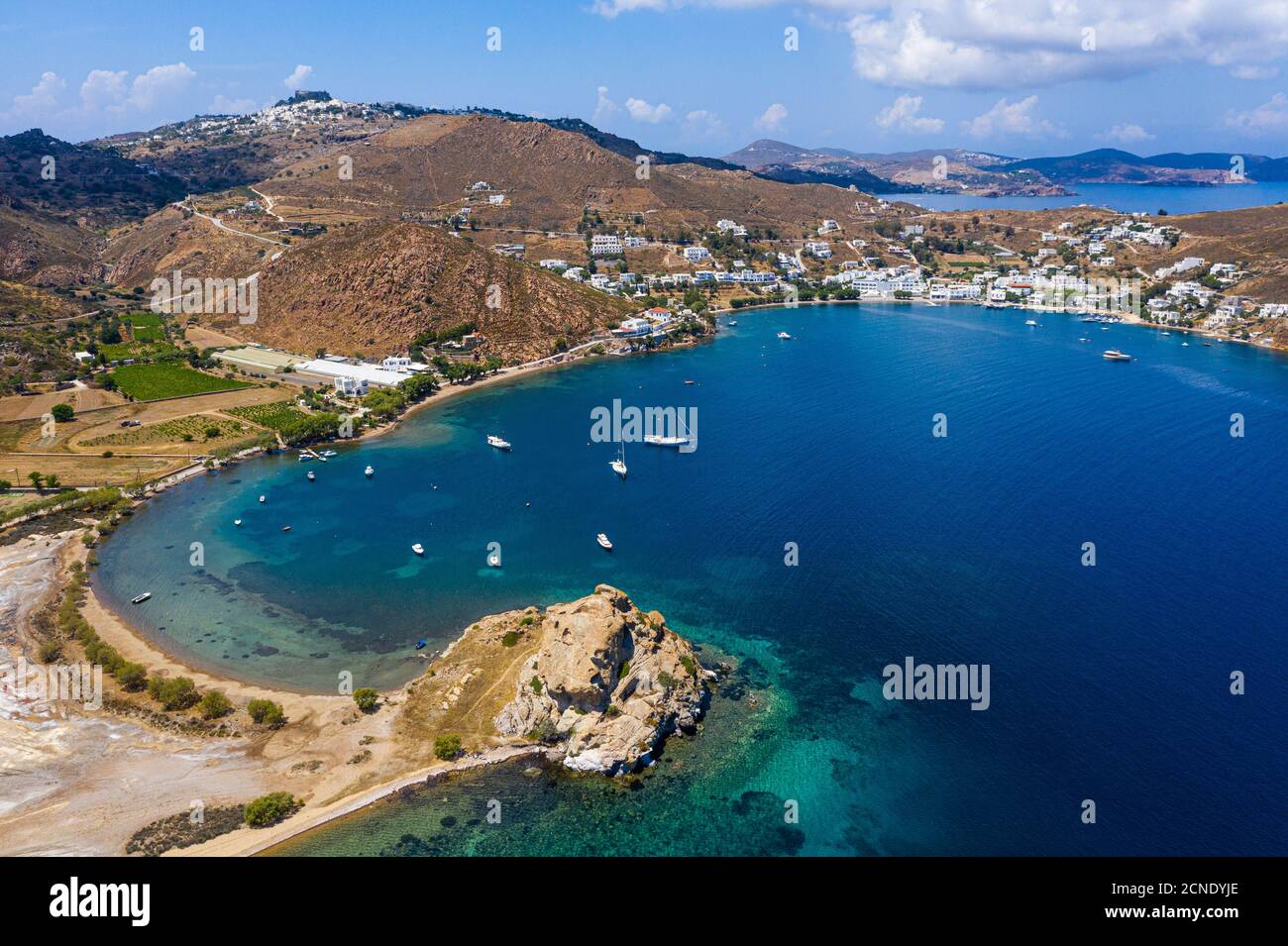 Aerial by drone of the bay of Grikos, Patmos, Dodecanese, Greek Islands, Greece, Europe Stock Photo