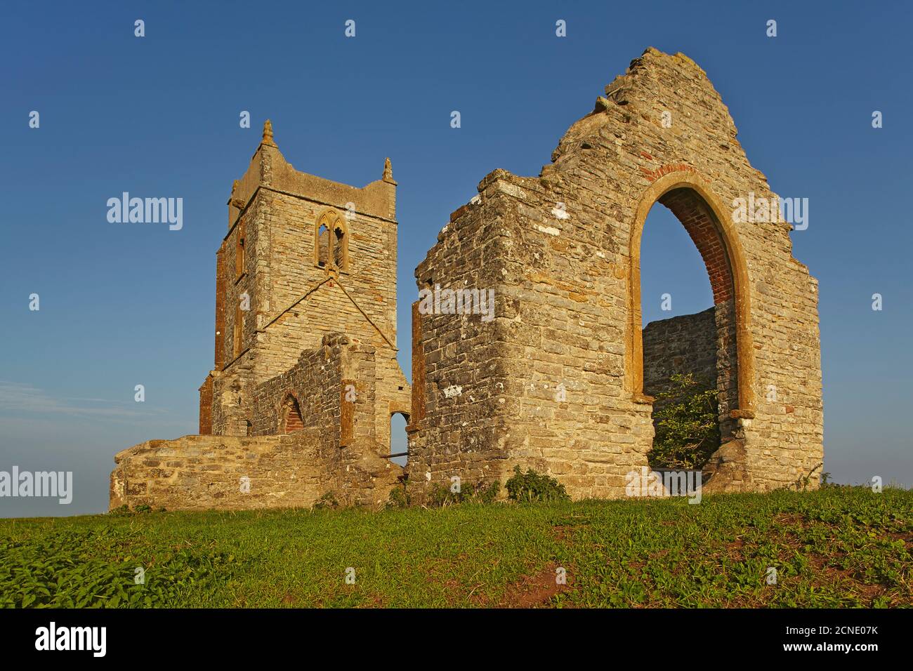 The ruins of St. Michael's Church on the summit of Burrow Mump, a small hill at Burrowbridge, in the Somerset Levels, Somerset, England Stock Photo