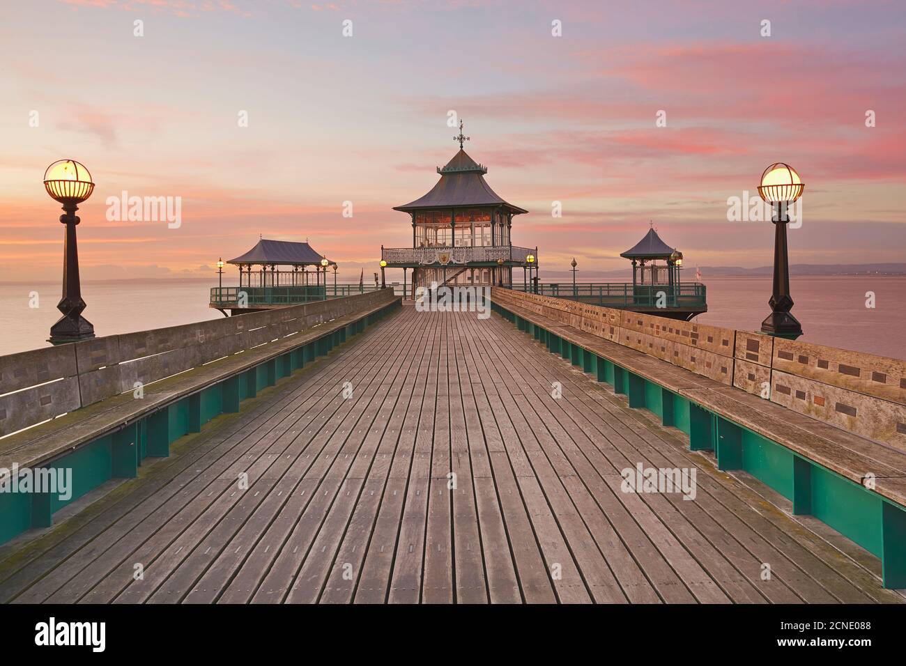 A dusk view of Clevedon Pier, in Clevedon, on the Bristol Channel coast of Somerset, England, United Kingdom, Europe Stock Photo