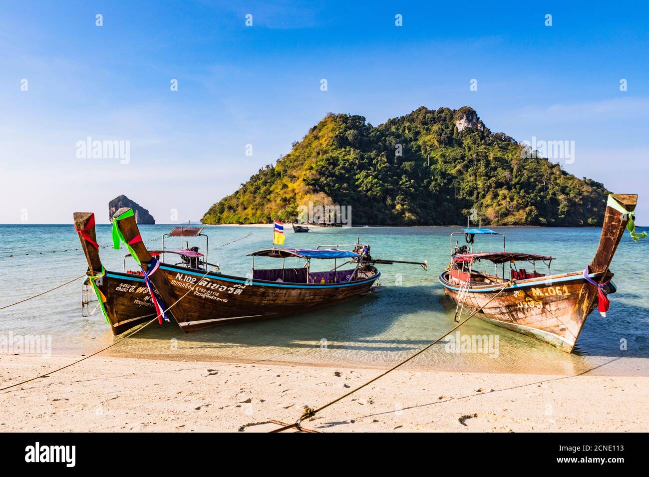 Longtail boats on Tup Island, Krabi Province, Thailand, Southeast Asia, Asia Stock Photo