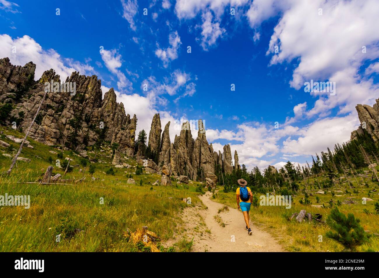 Man hiking the trails and enjoying the sights in the Black Hills of Keystone, South Dakota, United States of America Stock Photo
