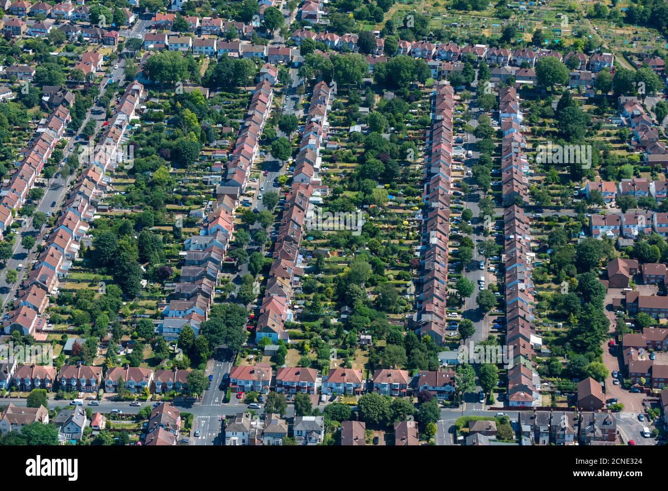 An aerial view of residential streets in London, England, United