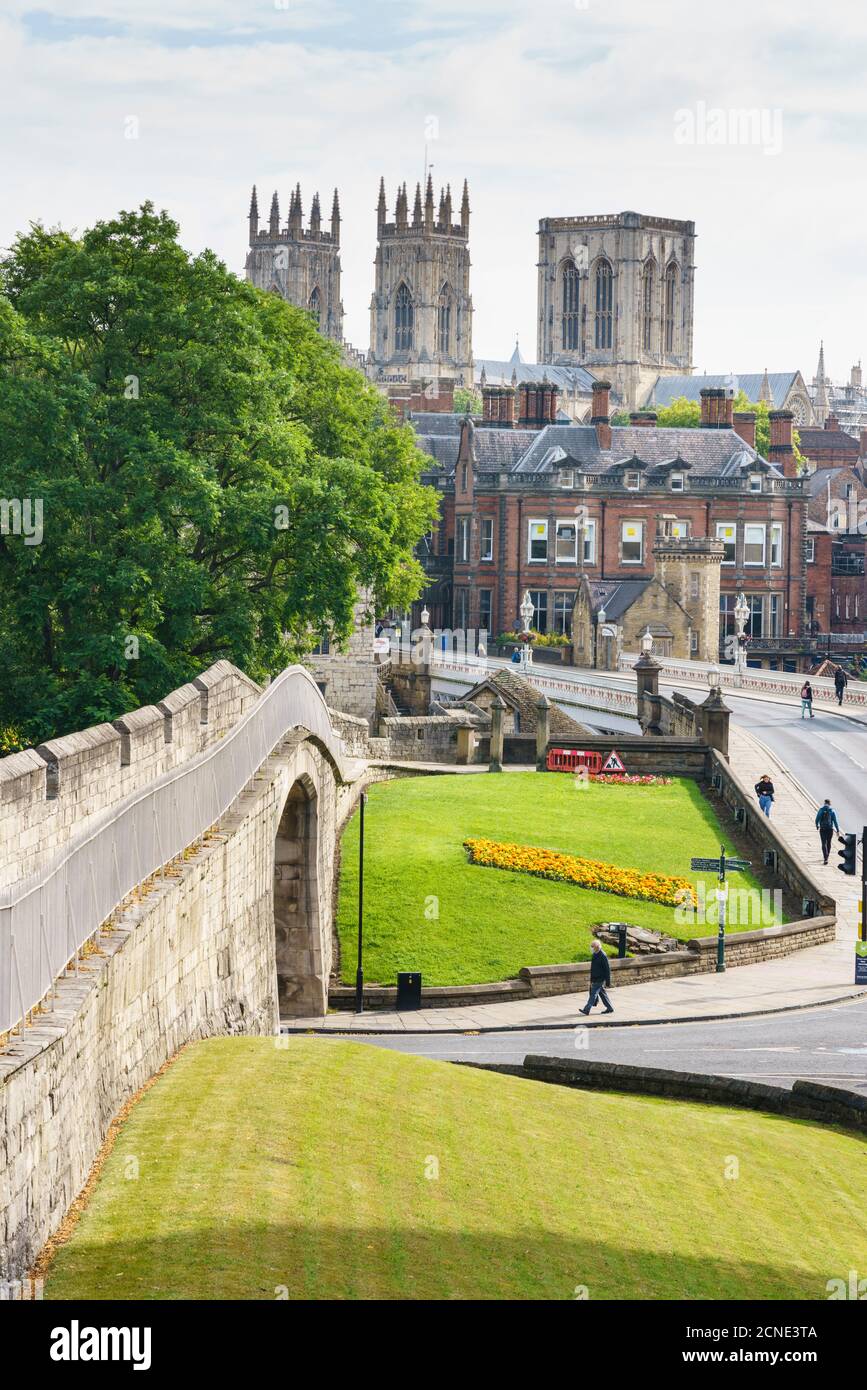 Medieval city walls and York Minster, York, North Yorkshire, England, United Kingdom, Europe Stock Photo