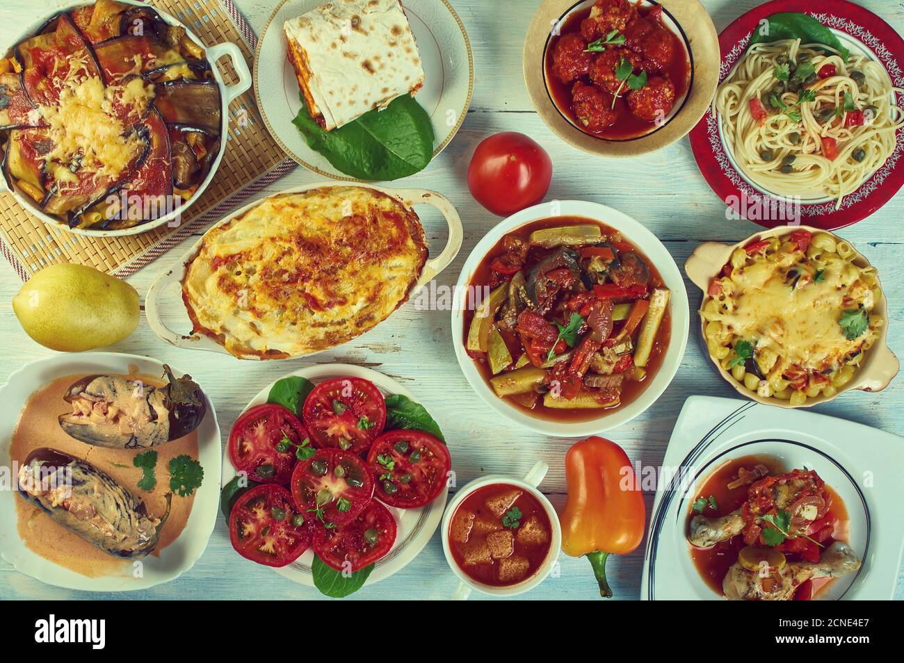 Sicilian cuisine, Traditional assorted Italy dishes, Top view. Stock Photo