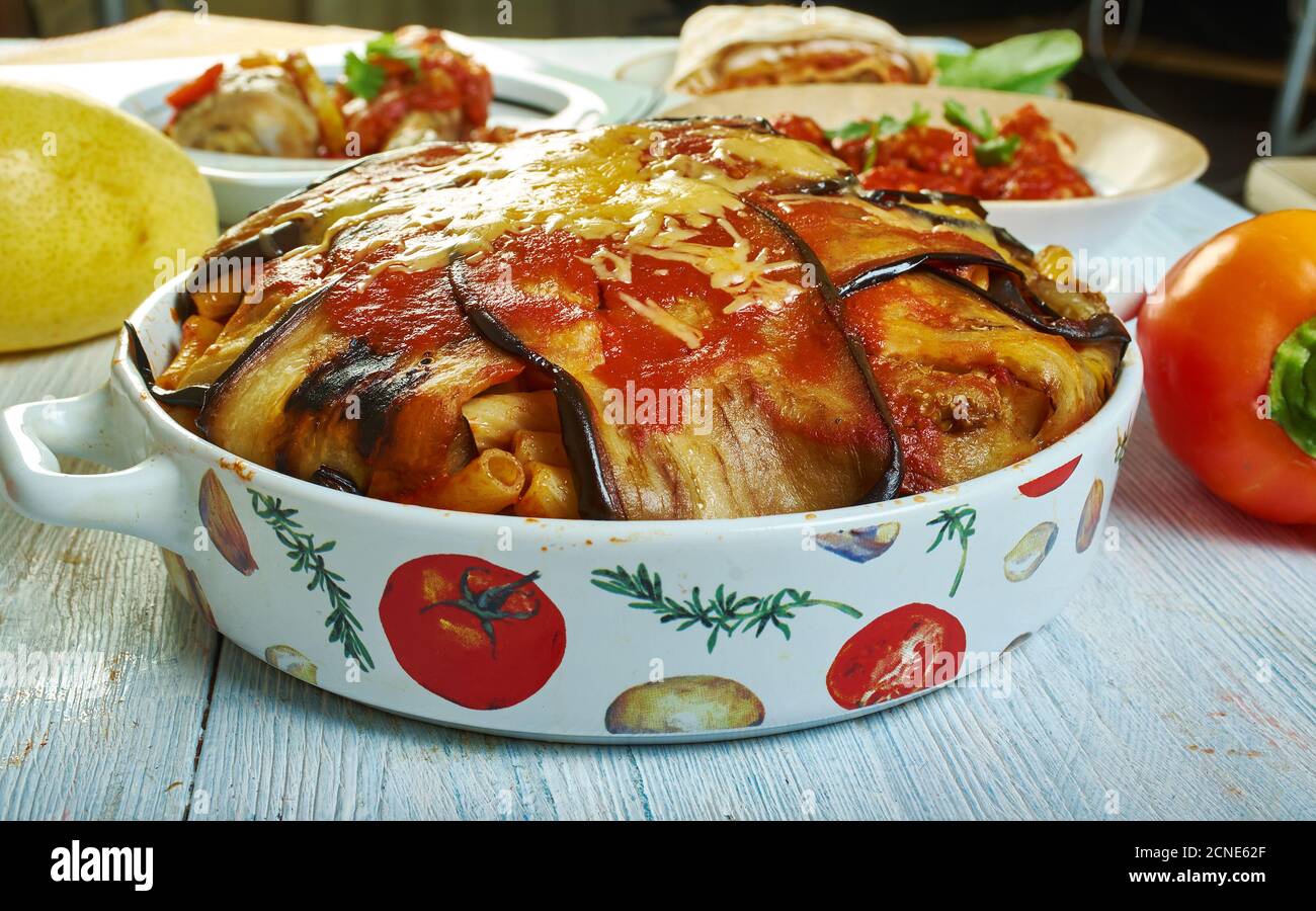 Ricotta Eggplant Pasta Timbale, Sicilian cuisine, Traditional assorted