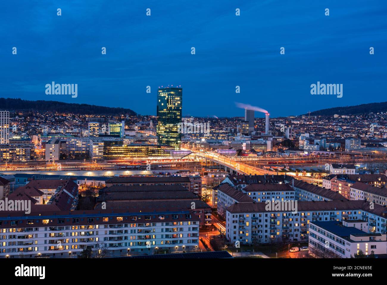 View of Zurich district 4 and 5 and Prime Tower, Hard Bridge from above at  night, Zurich, Switzerland, Europe Stock Photo - Alamy