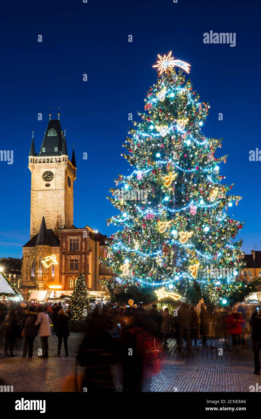 Christmas Market at Old Town Square, including Christmas tree and Gothic Town Hall, Old Town,  Prague, Czech Republic Stock Photo