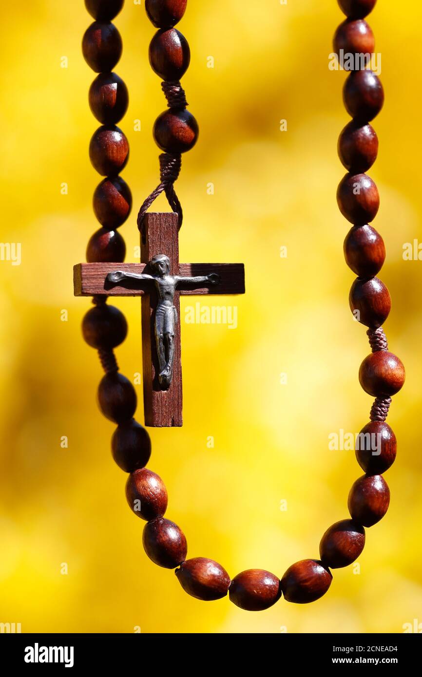 Wooden rosary against yellow broom flowers, France, Europe Stock Photo