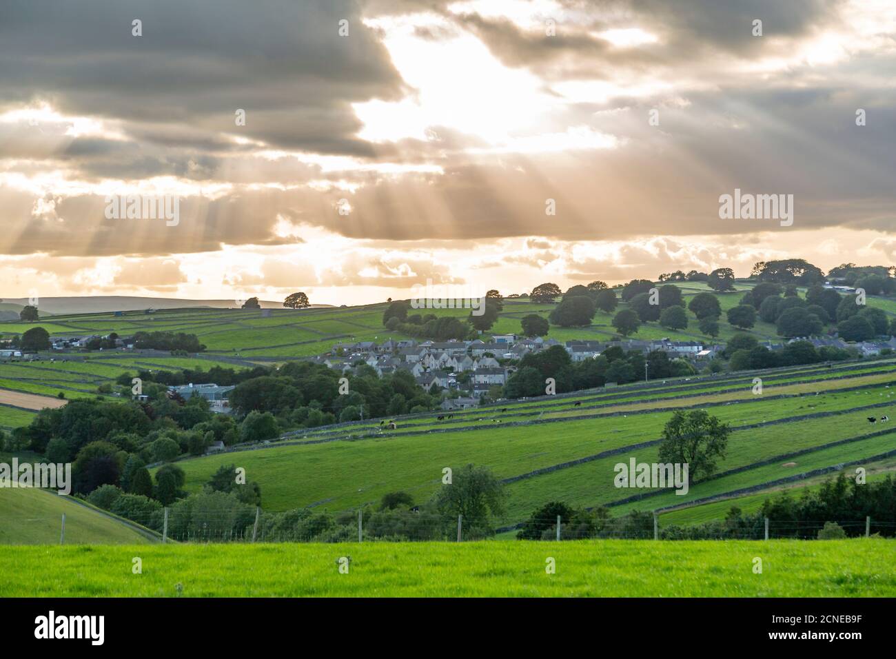 View of Tideswell and countryside near Litton, Peak District National Park, Derbyshire, England, United Kingdom, Europe Stock Photo