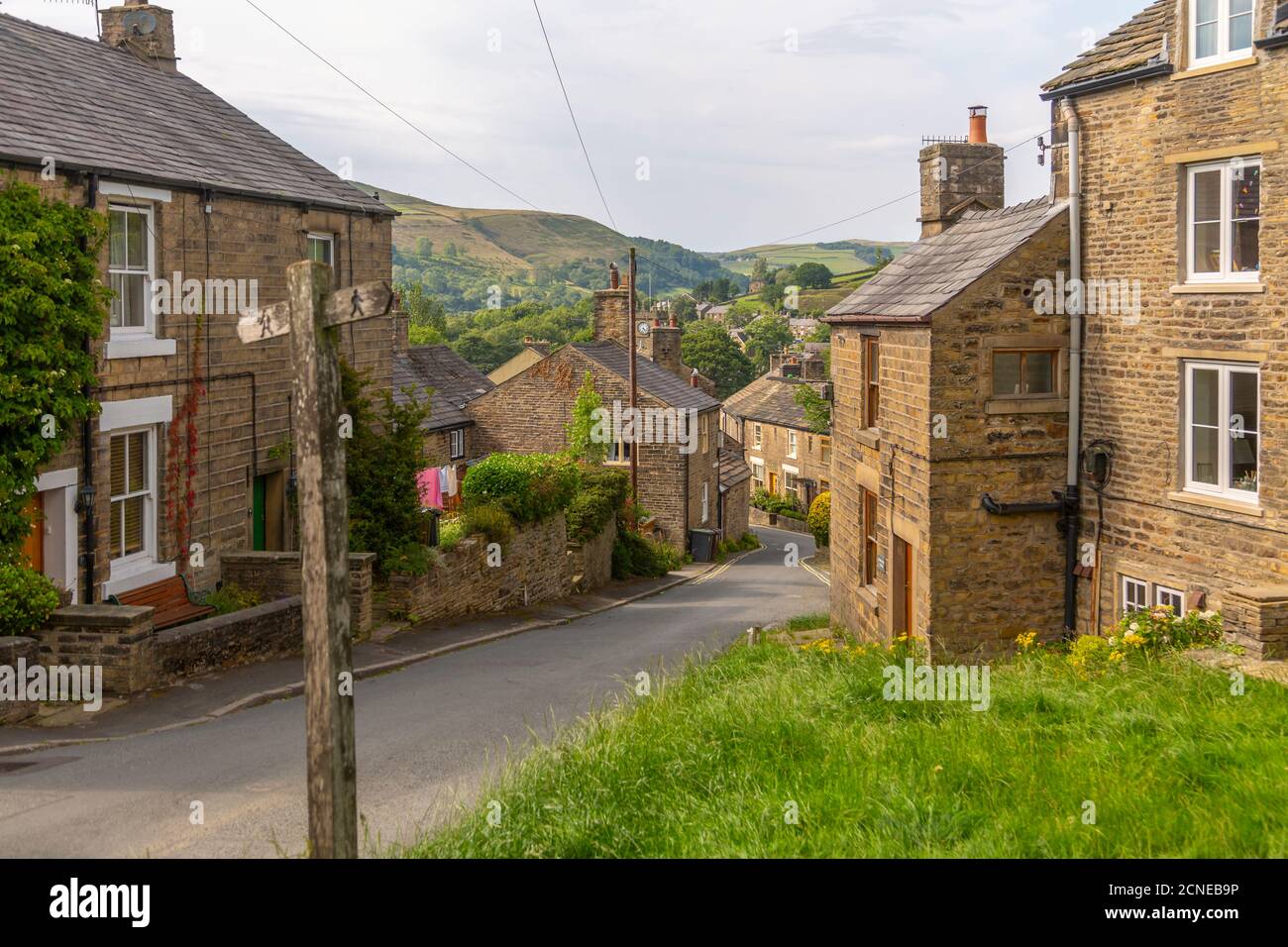 View of stone houses in the village of Hayfield, High Peak, Derbyshire, England, United Kingdom, Europe Stock Photo