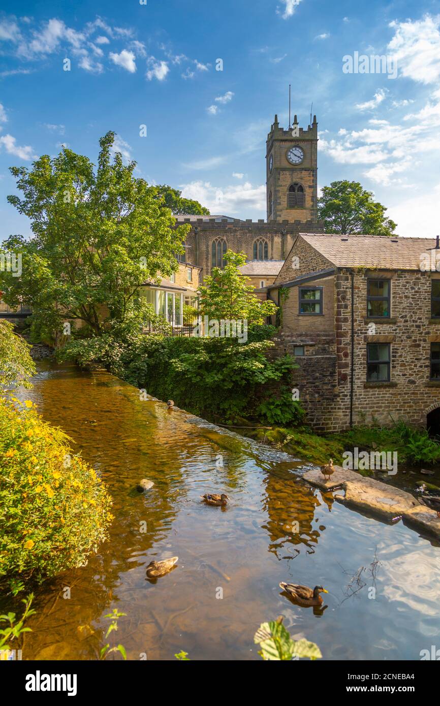 View of St. Mathews Church and duck pond, Hayfield, High Peak, Derbyshire, England, United Kingdom, Europe Stock Photo