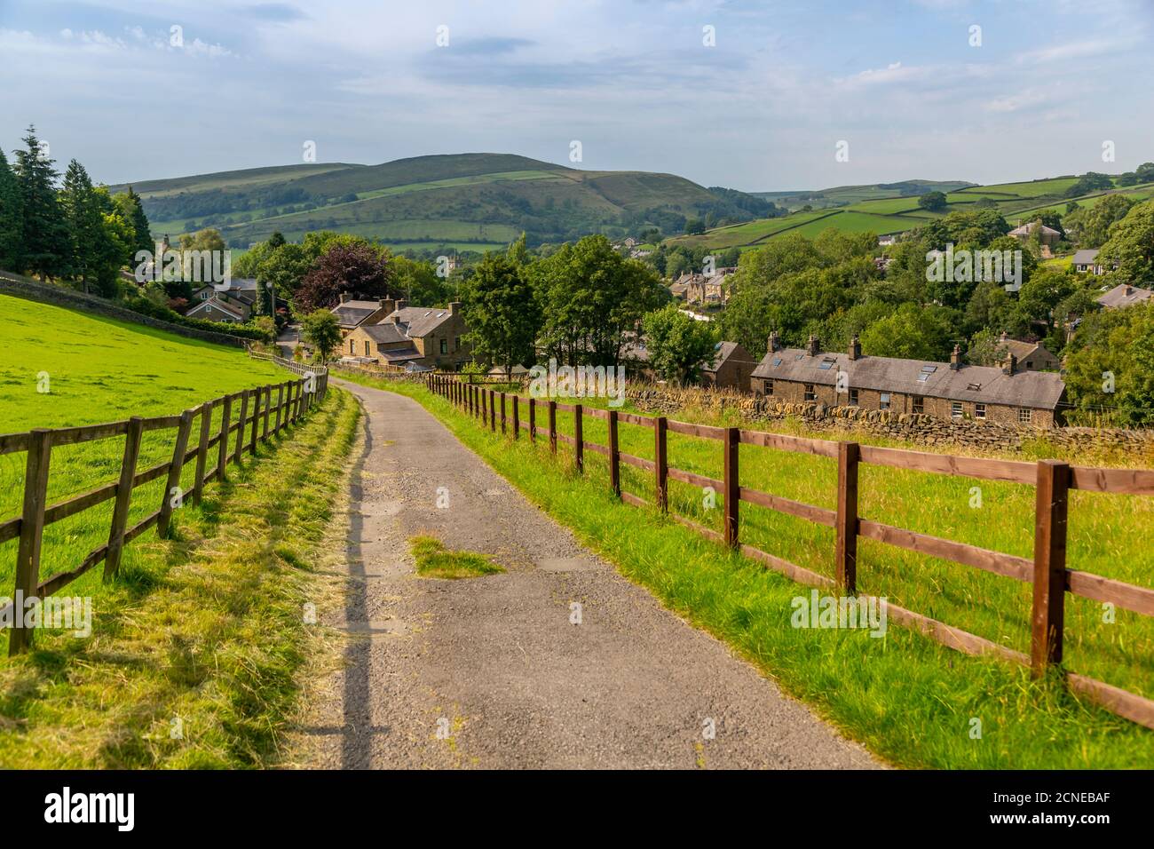 View of Hayfield including St. Mathews Church and hills surrounding village, High Peak, Derbyshire, England, United Kingdom, Europe Stock Photo