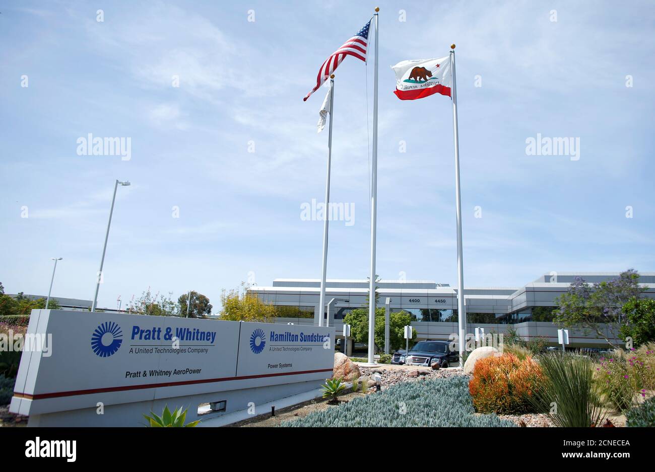 The logo of Dow Jones Industrial Average stock market index listed company United Technologies and their subsidiary Pratt & Whitney is pictured in San Diego, California April 21, 2016.  REUTERS/Mike Blake Stock Photo