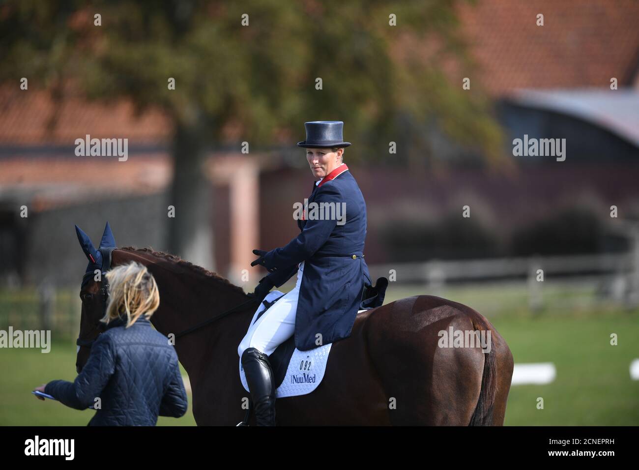 Zara Tindall on Class Affair competing in the dressage during the Burnham Market International Horse Trials in Norfolk. Stock Photo