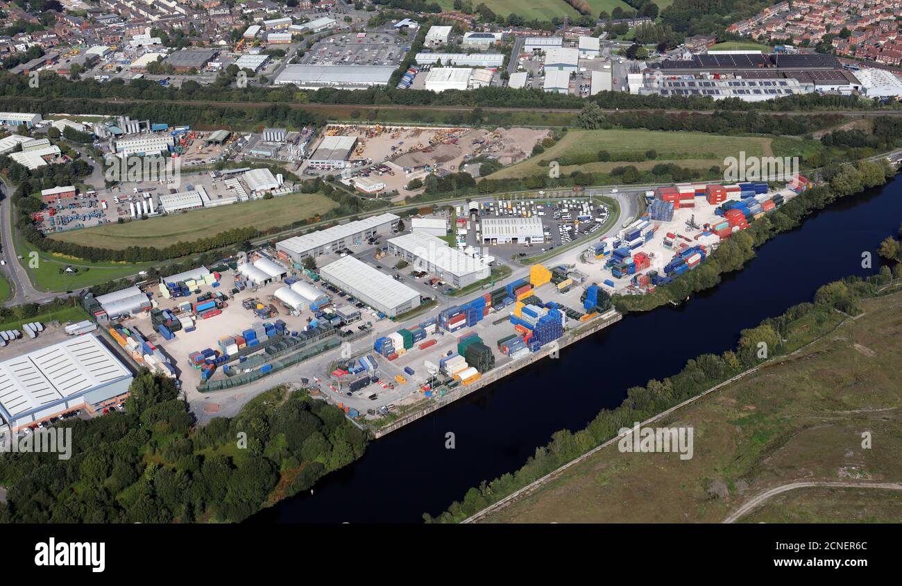 aerial view of the Irlam Container Terminal Port and Northbank Industrial Park, on the west side of Manchester Stock Photo