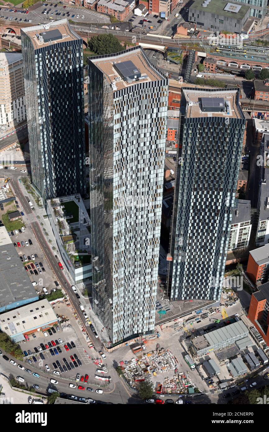 aerial view of the Deansgate Square development (Owen Street skyscrapers) in Manchester city centre Stock Photo
