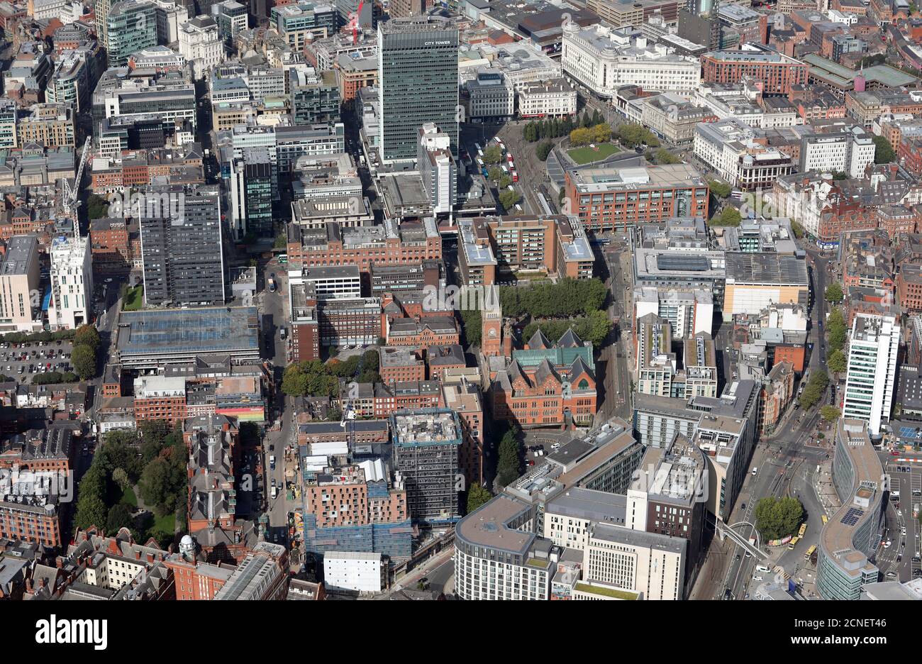 aerial view of Manchester city centre from the south east looking up Chorlton Street towards City Tower & Piccadilly Gardens. Sept 2020 Stock Photo