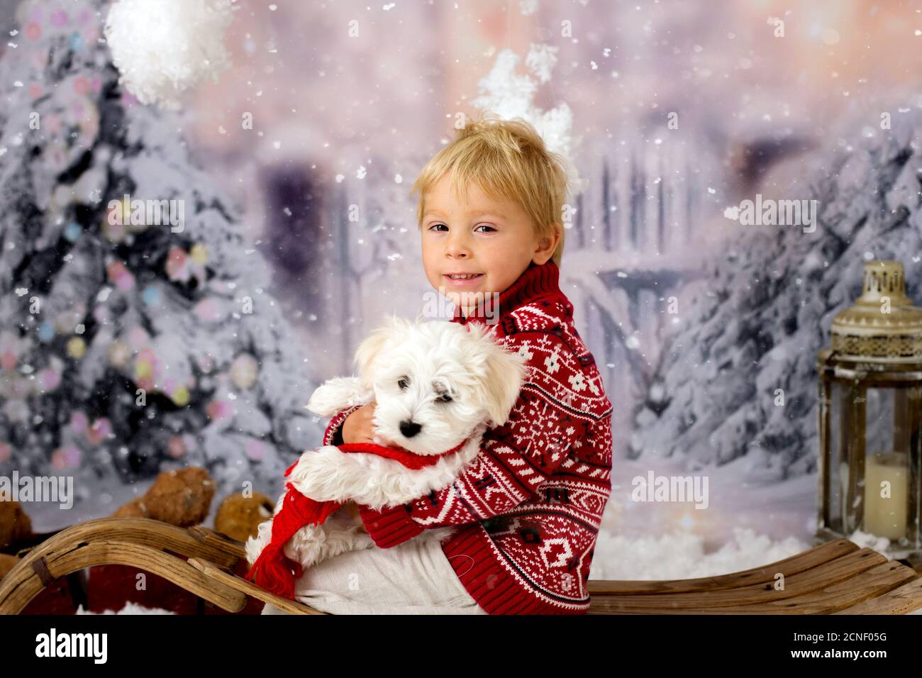 Cute boy, preschool child, playing in the snow outdoors, studio shot Stock Photo