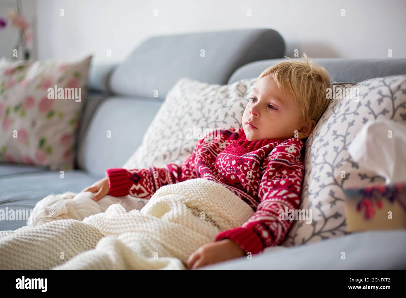 Sick child, toddler boy lying on the couch with his white puppy in living room with fever, resting at home Stock Photo