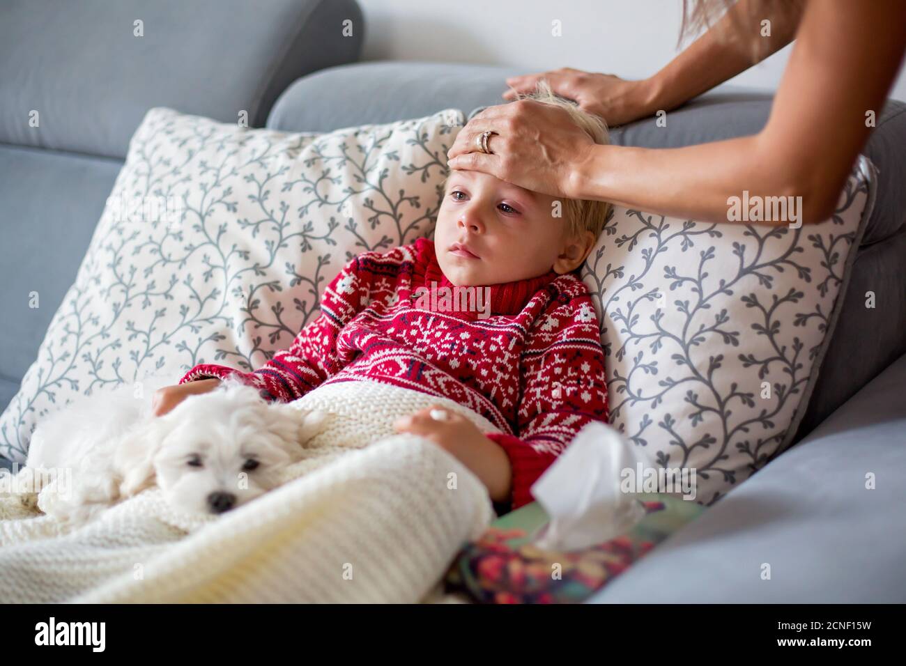 Sick child, toddler boy lying on the couch with his white puppy in living room with fever, resting at home Stock Photo