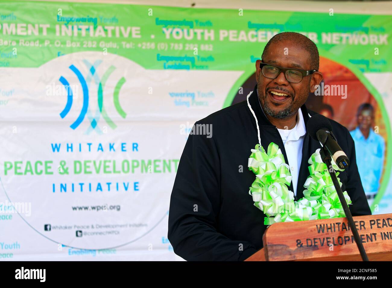 U.S. actor Forest Whitaker speaks during his visit to expand the Youth Peacemaker Network in Acholi sub region, in Gulu town, northern Uganda May 2, 2017. REUTERS/James Akena Stock Photo