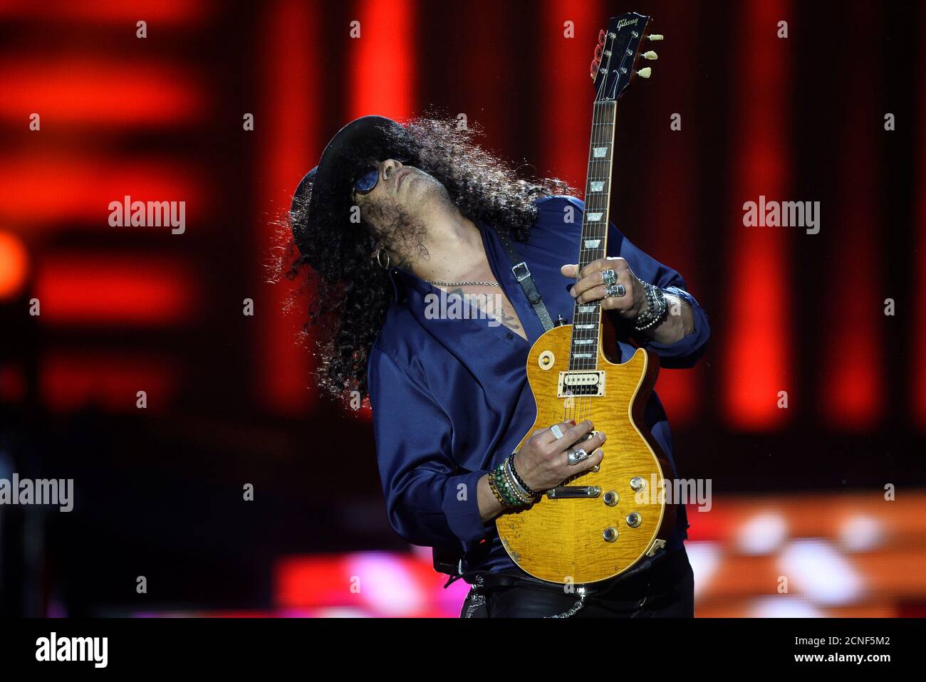 Slash, lead guitarist of U.S. rock band Guns N' Roses, performs on the  first date of the European leg of the "Not in This Lifetime... Tour", at  the San Mames football stadium