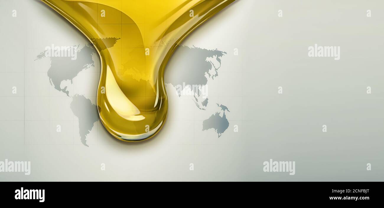 3D dripping oil on a light background with world map Stock Photo
