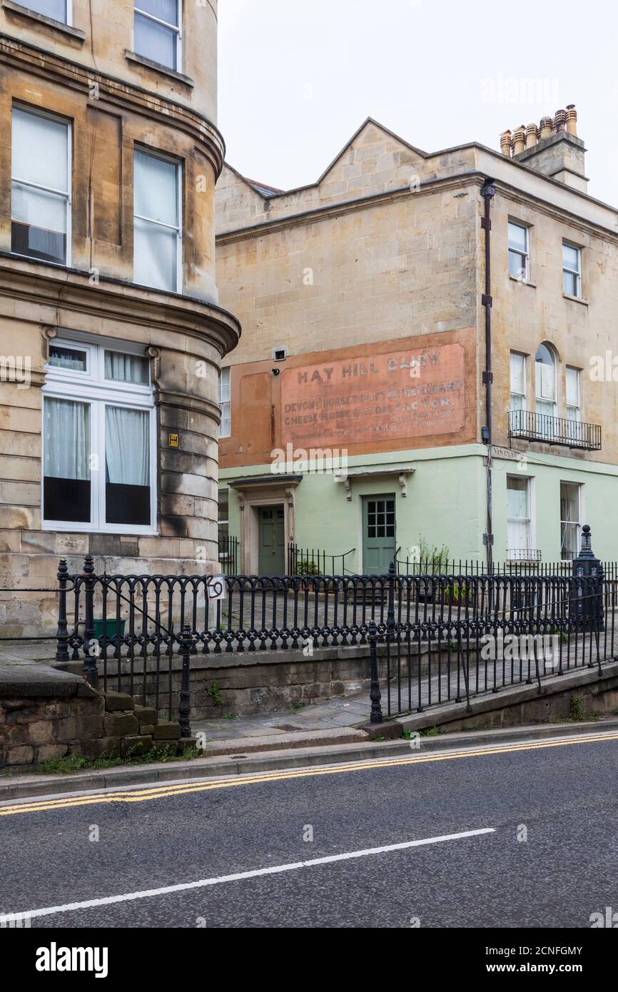 Ghost sign on the wall of a house in Bath advertising Hay Hill Dairy, Bath, Somerset, England, UK Stock Photo