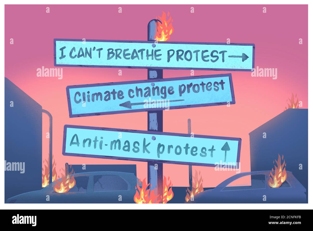 Protest signpost with protest background illustration. Stock Photo