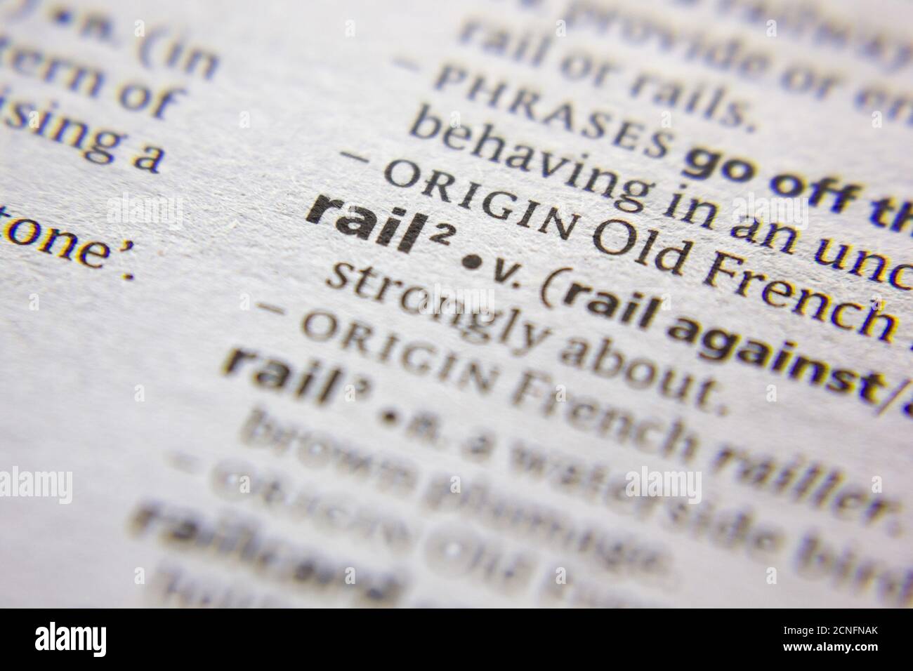 Word or phrase Rail in a dictionary Stock Photo Alamy