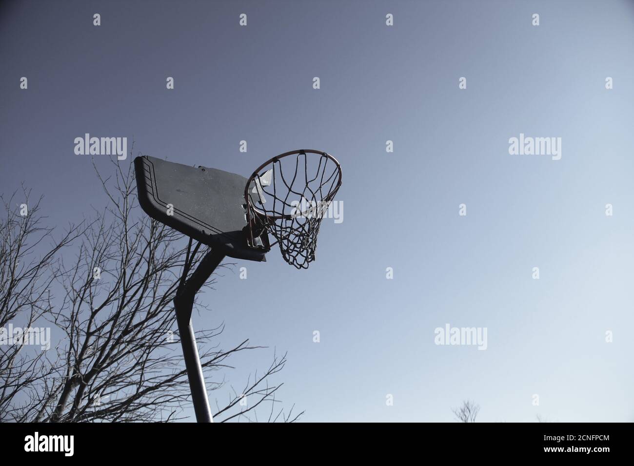 Damaged basketball hoop in a neighborhood destroyed by a tornado in Washington, IL Stock Photo