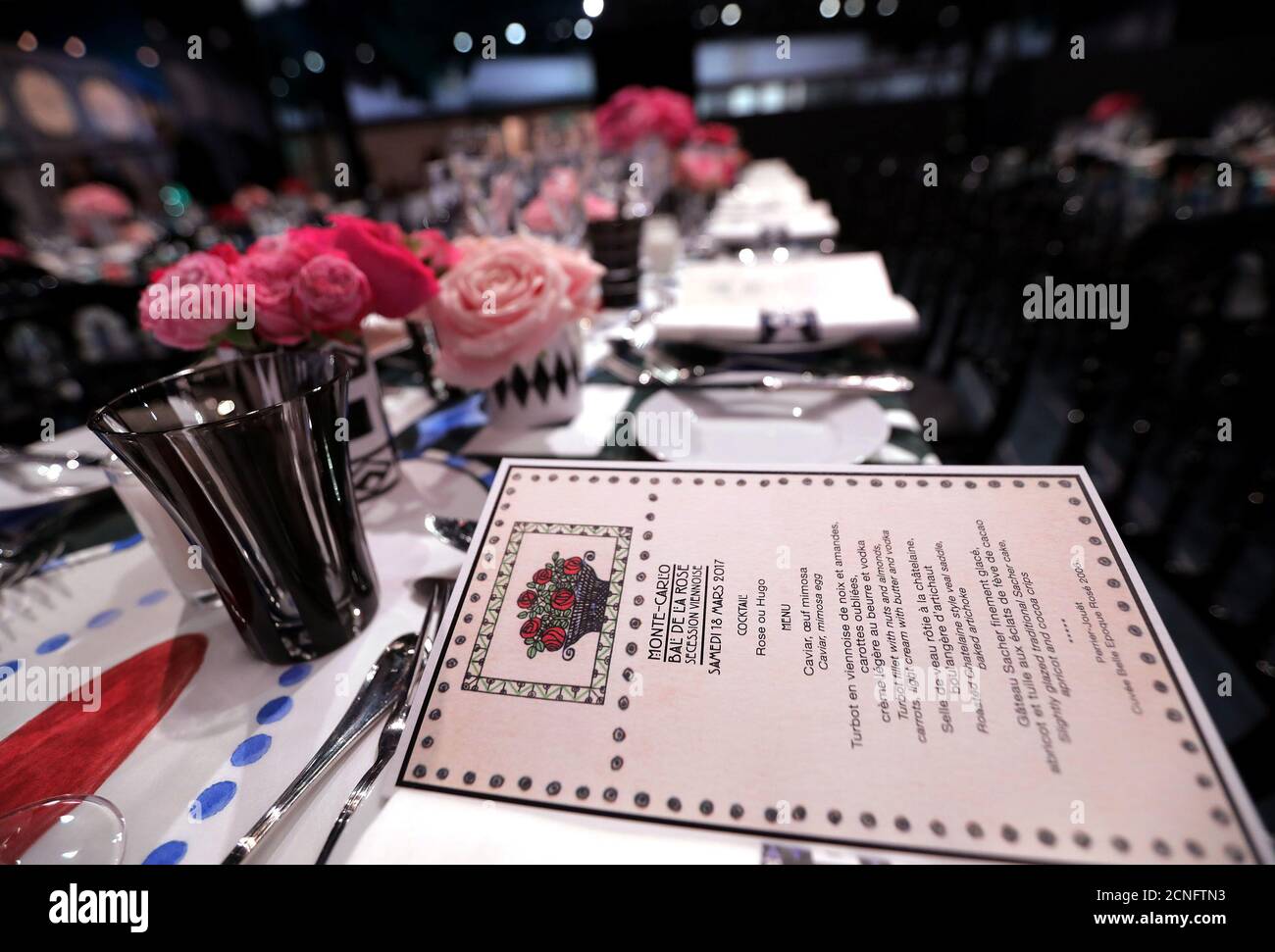 A view of the table decorations in the "Salle Des Etoiles" (Stars Room) at  the Monte Carlo Sporting during the Bal de la Rose event in Monaco March  18, 2017. REUTERS/Eric Gaillard