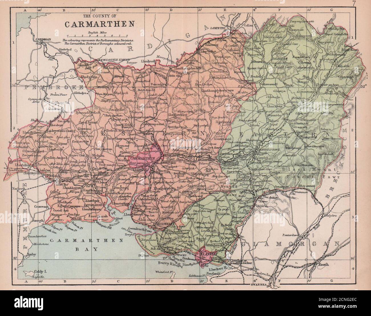 CARMARTHENSHIRE 'The County of Carmarthen' Llanelli Wales BARTHOLOMEW 1882 map Stock Photo