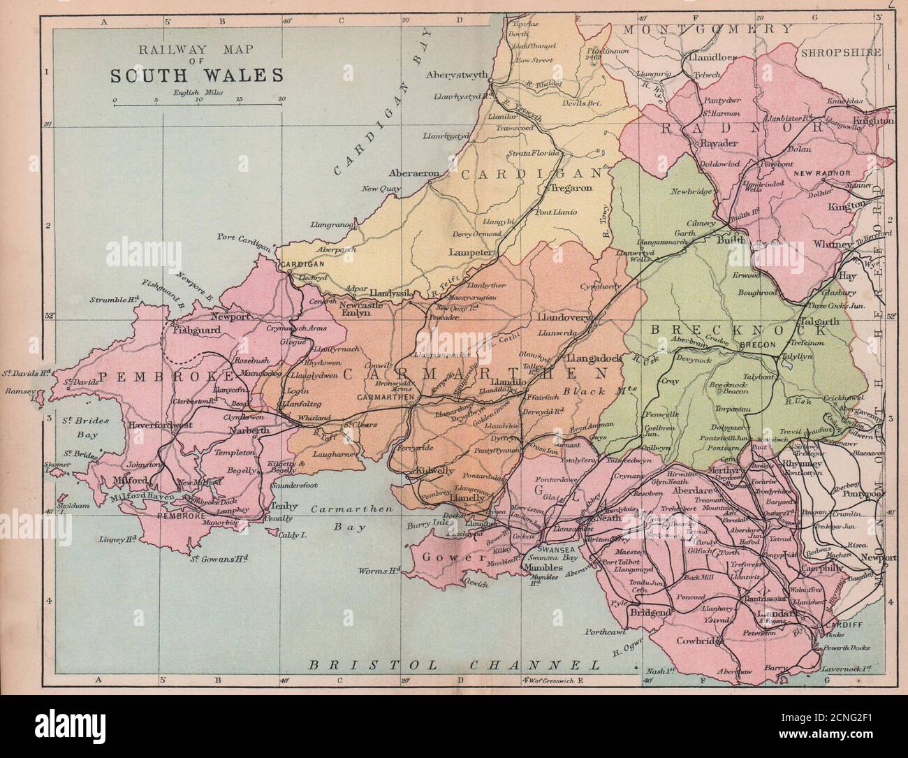 WALES Railway Map of South Wales BARTHOLOMEW 1882 old antique plan chart Stock Photo