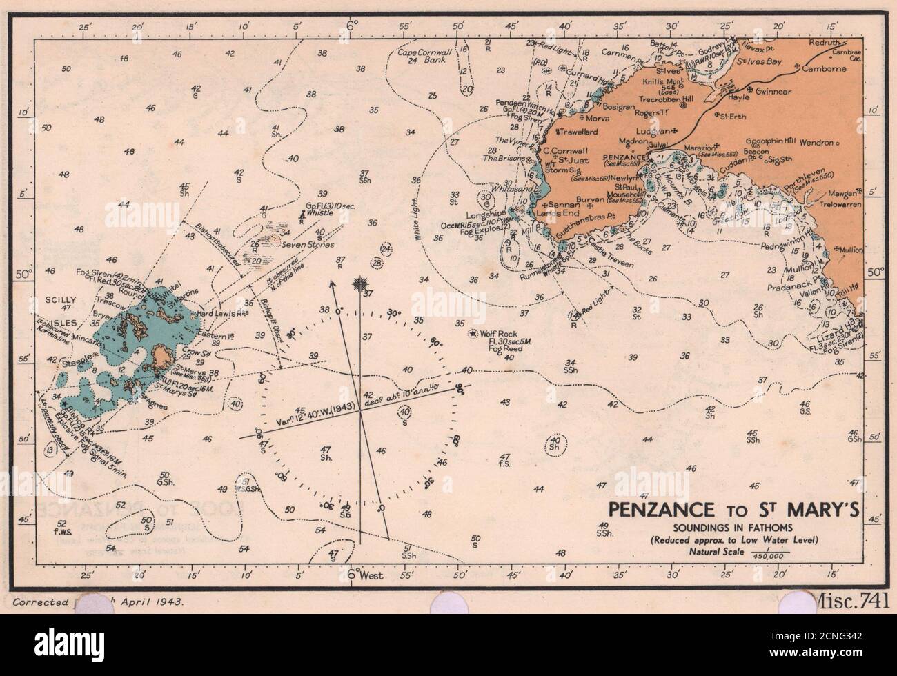 Penzance & Land's End to Scilly Isles sea coast chart. ADMIRALTY 1943