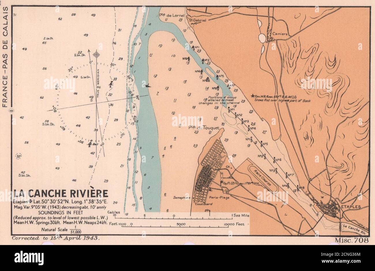 La Canche Rivière Étaples plan/sea coast chart D-Day planning map ADMIRALTY 1943 Stock Photo