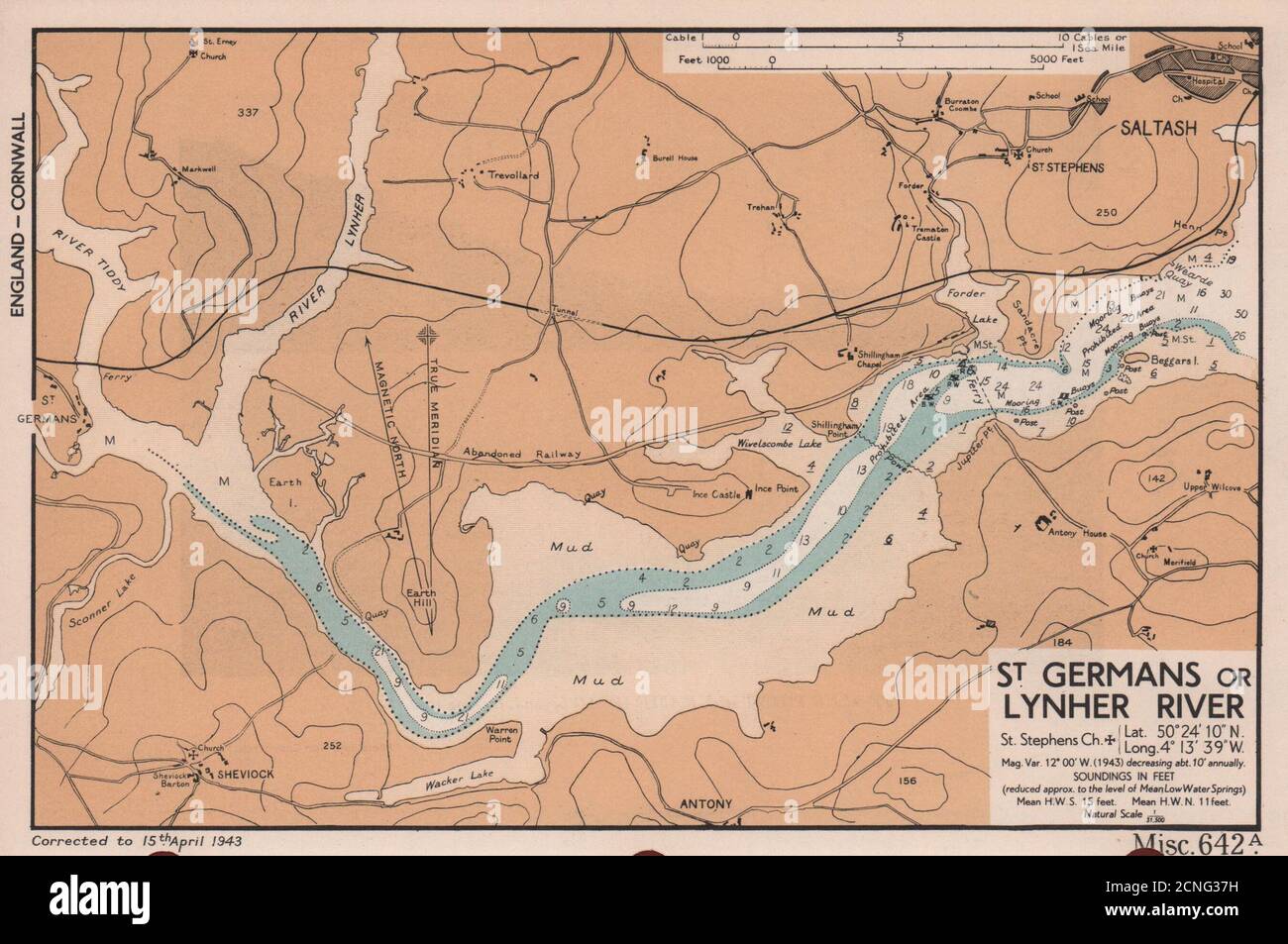 St. Germans or Lynher River. Saltash Cornwall sea coast chart ADMIRALTY 1943 map Stock Photo
