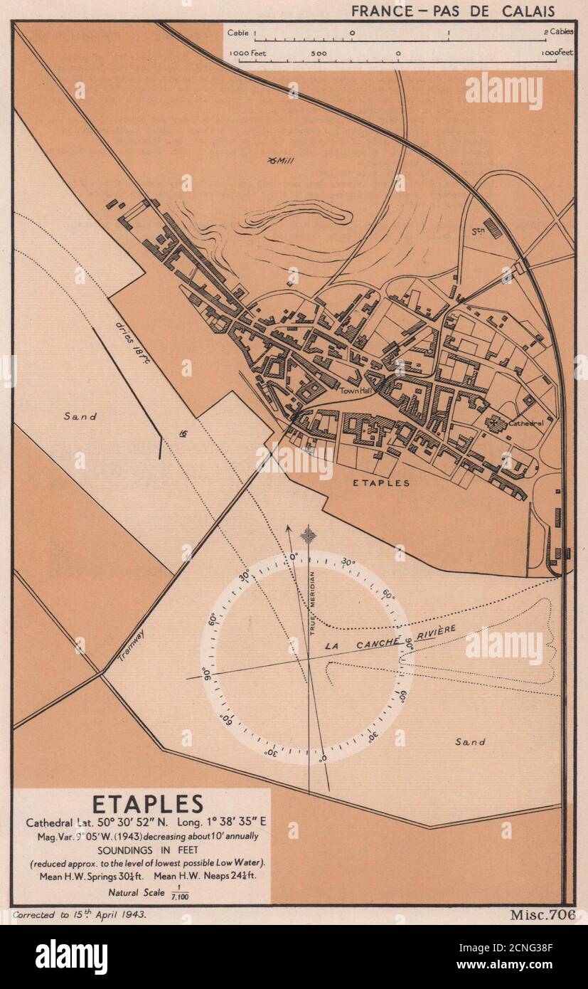 Étaples town plan & sea coast chart. D-Day planning map. ADMIRALTY 1943 ...