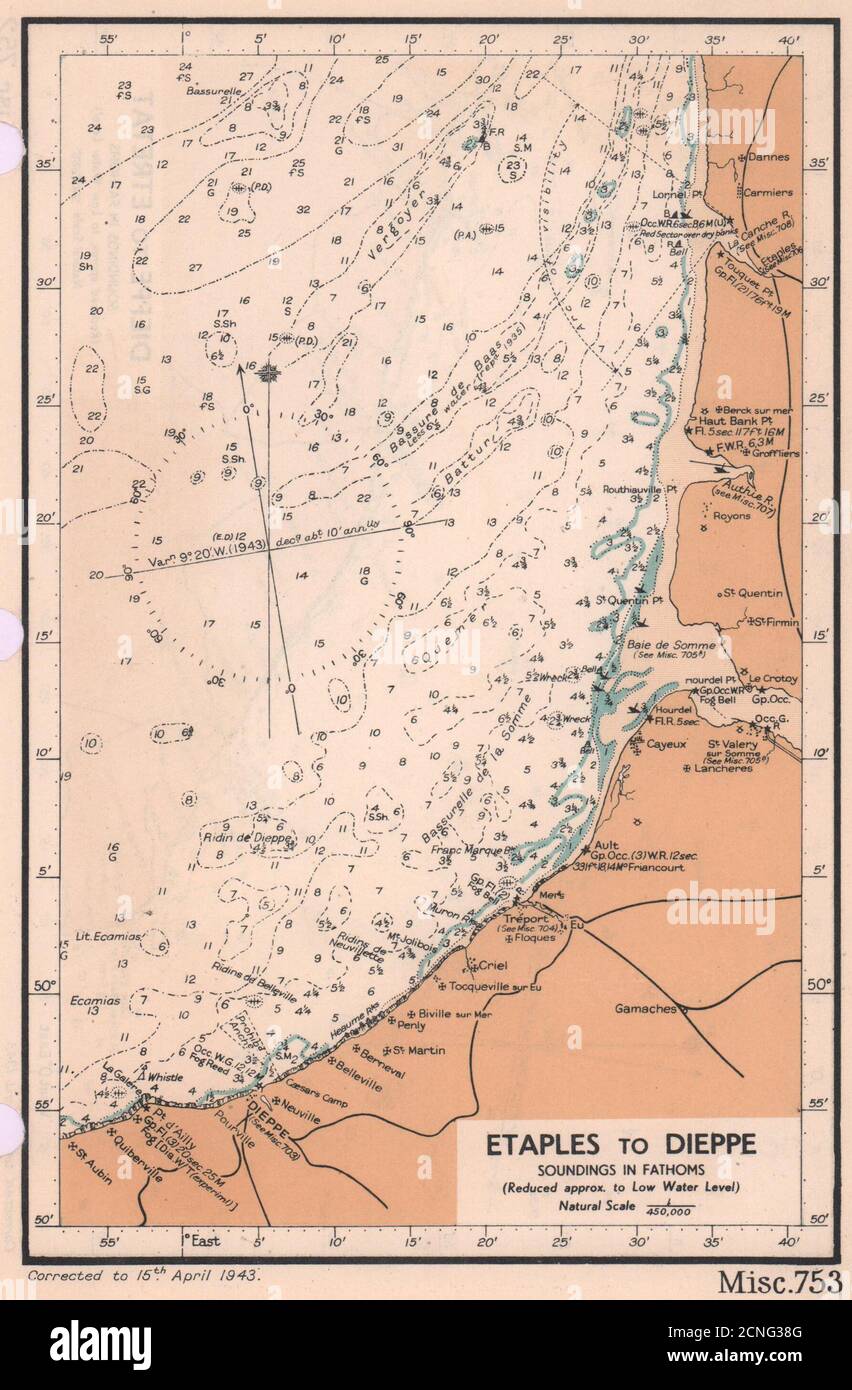 Étaples to Dieppe sea coast chart. D-Day planning map. Somme. ADMIRALTY ...