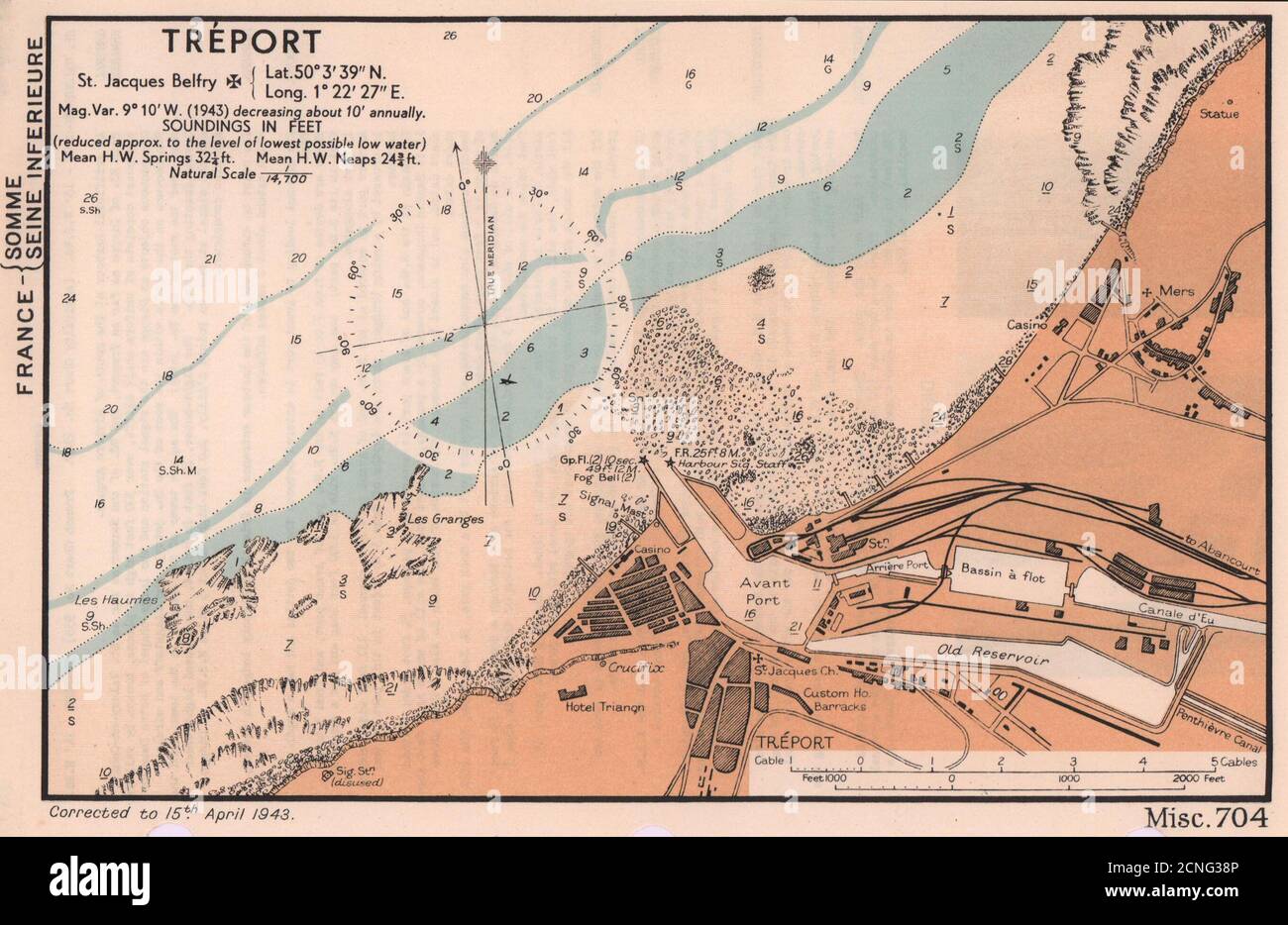 Tréport town plan & sea coast chart. D-Day planning map. ADMIRALTY 1943 Stock Photo