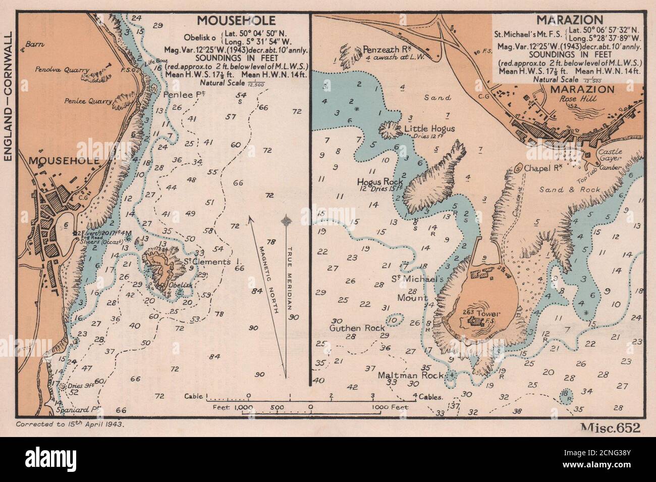 Mousehole & Marazion town plans & sea coast charts. Cornwall. ADMIRALTY 1943 map Stock Photo