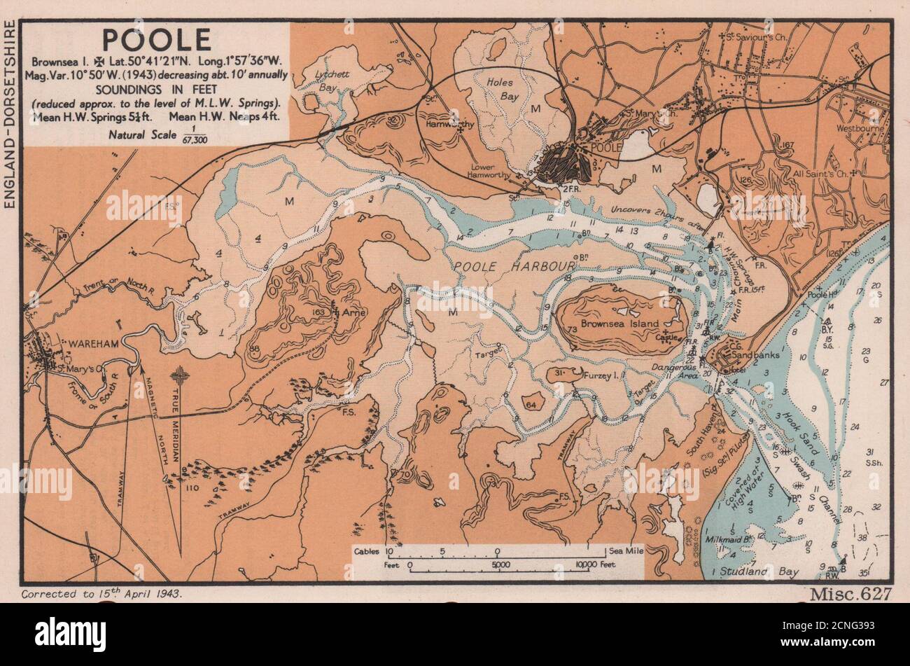 Poole harbour & Wareham sea coast chart. Dorset. ADMIRALTY 1943 old map
