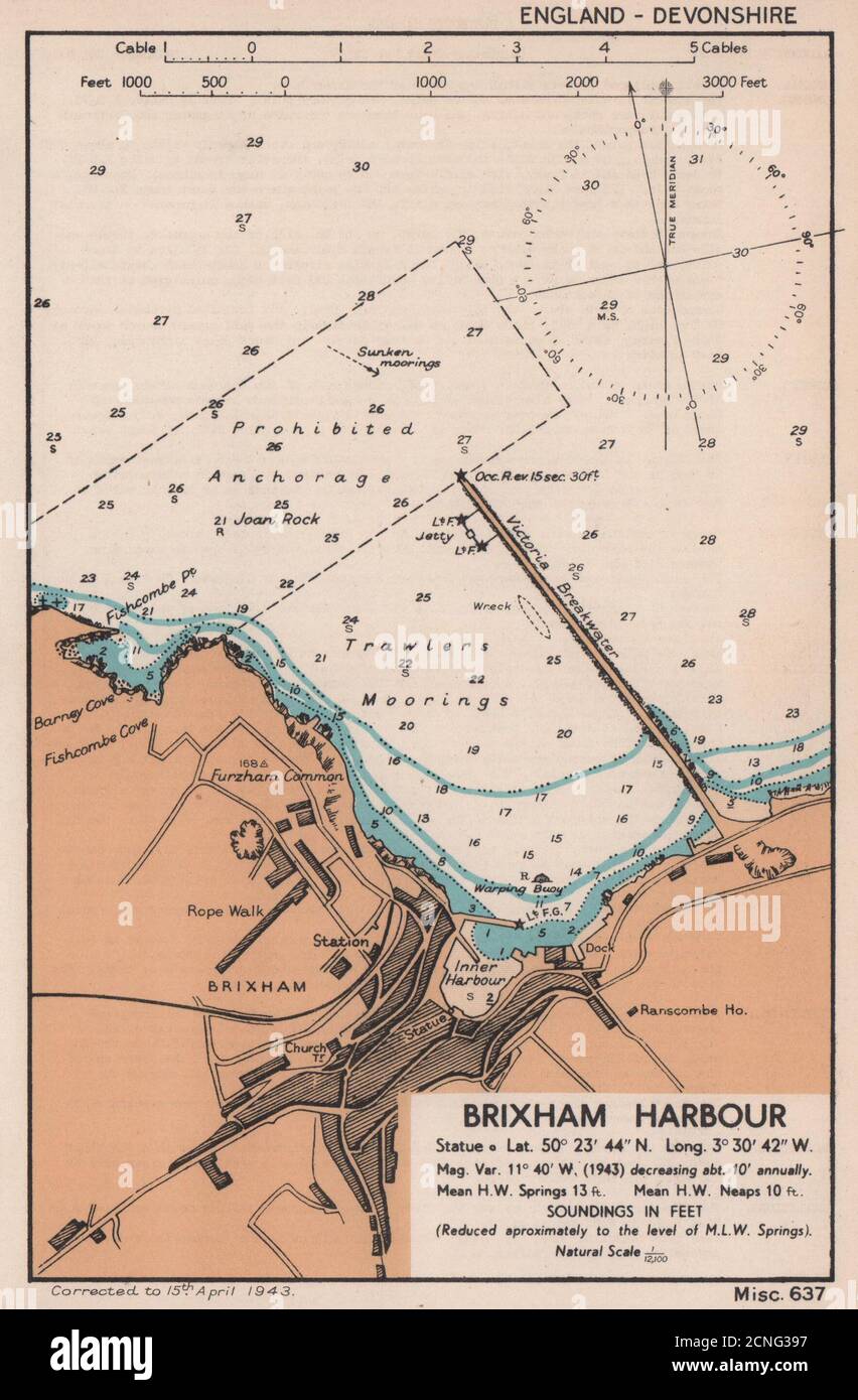 Map Of Brixham Devon Brixham Harbour Town Plan & Sea Coast Chart. Devon. Admiralty 1943 Old Map  Stock Photo - Alamy