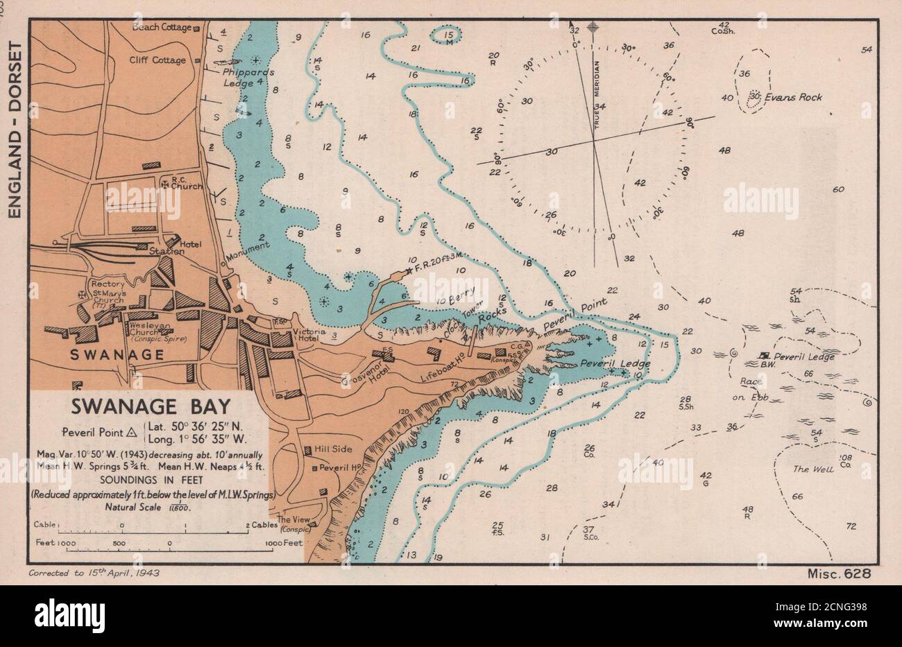 Swanage Bay town plan & sea coast chart. Dorset. ADMIRALTY 1943 old map Stock Photo