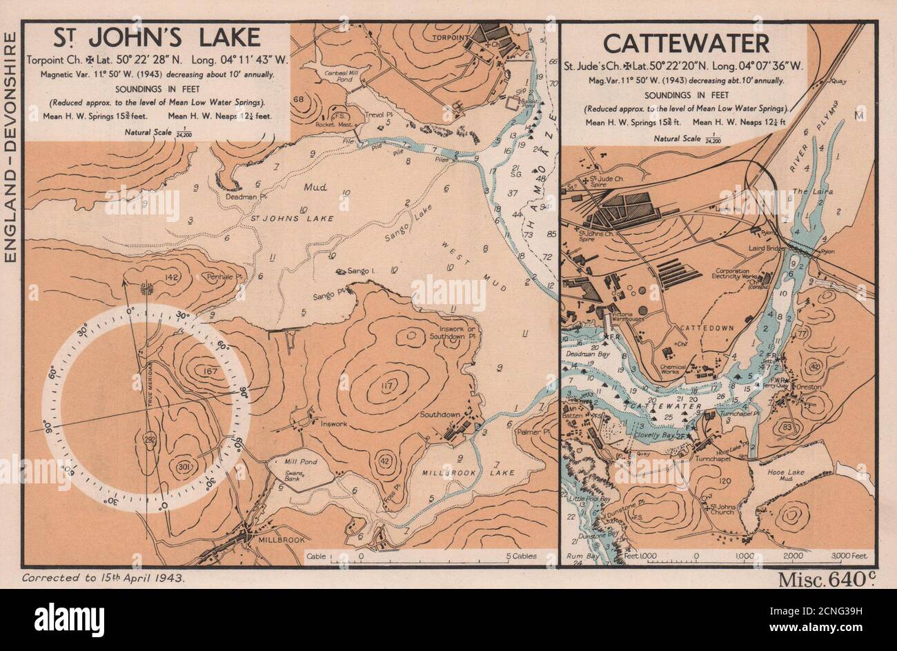 St. John's Lake & Cattewater sea coast charts Torpoint Devon. ADMIRALTY 1943 map Stock Photo