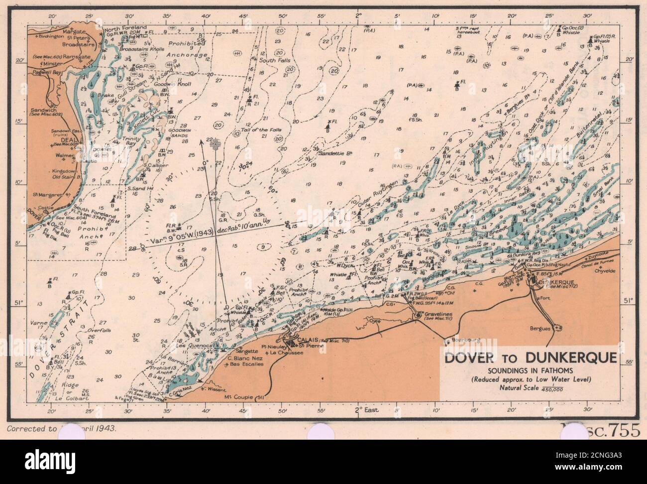 Dover to Dunkirk sea coast chart. D-Day planning map. ADMIRALTY 1943 old Stock Photo