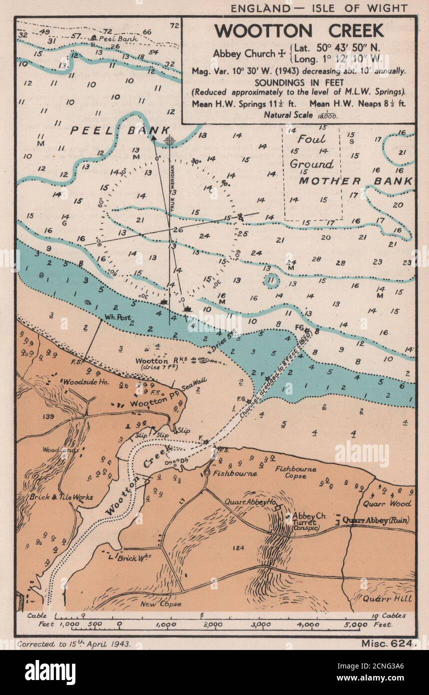 Wootton Creek sea chart. Isle of Wight. ADMIRALTY 1943 old vintage map Stock Photo